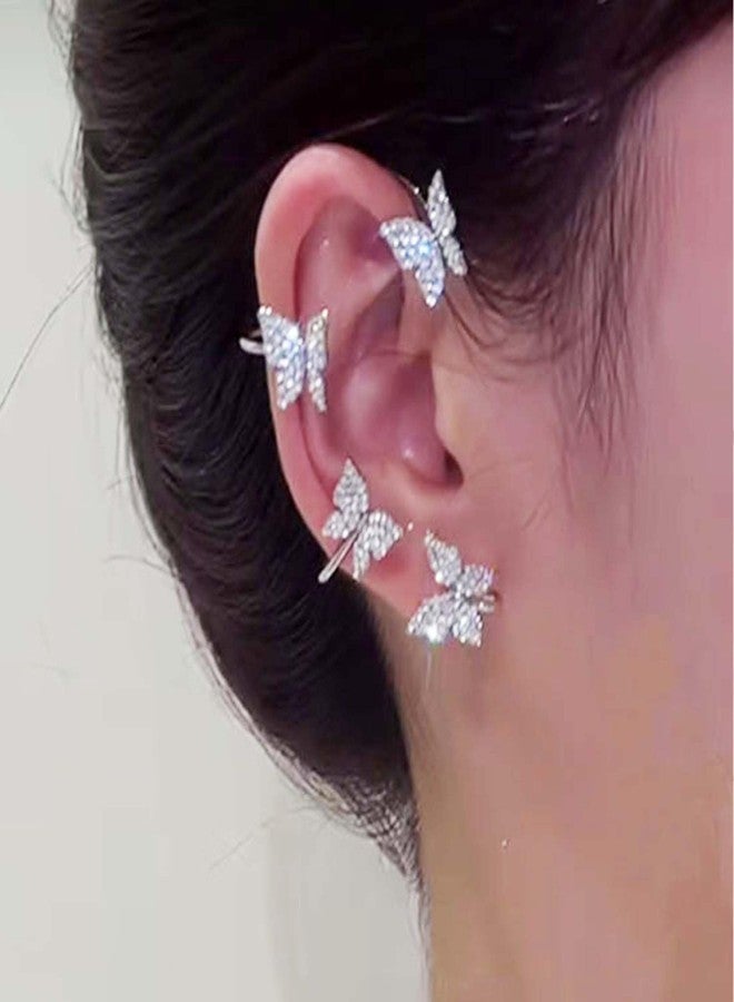 WZNBBOY 2Pcs Sparkly Rhinestone Butterfly Ear Cuff Earrings Fairy Crystal Cuffs Climber Wrap Around Non-Piercing Clip Fake Jewelry for Women(Butterfly-Silver) - Image 3